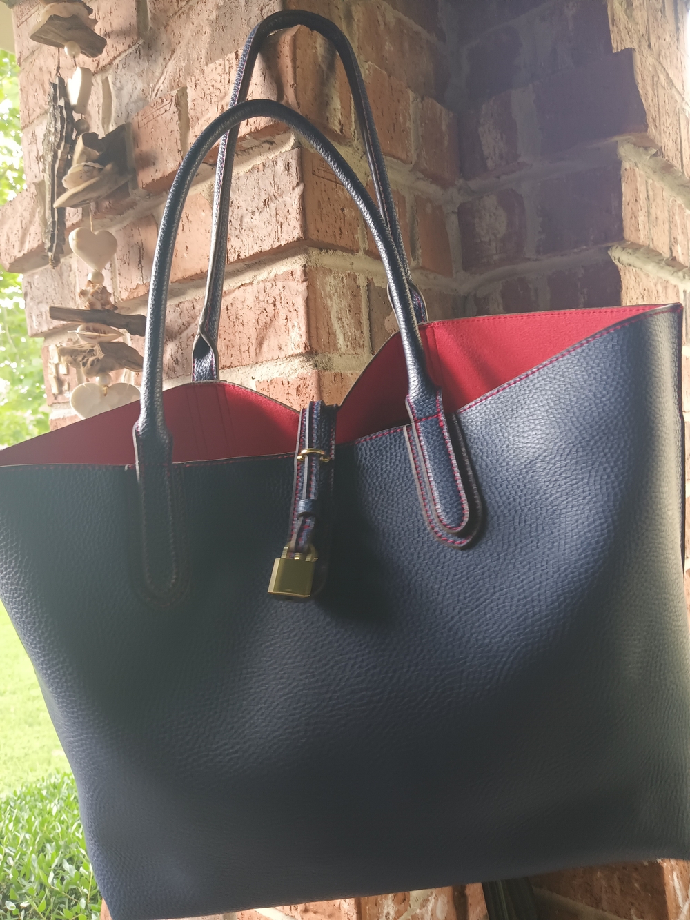 Textured Navy Tote with Red Interior and Gold Hardware